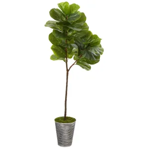 5’ Fiddle Leaf Artificial Tree in Decorative Tin Planter