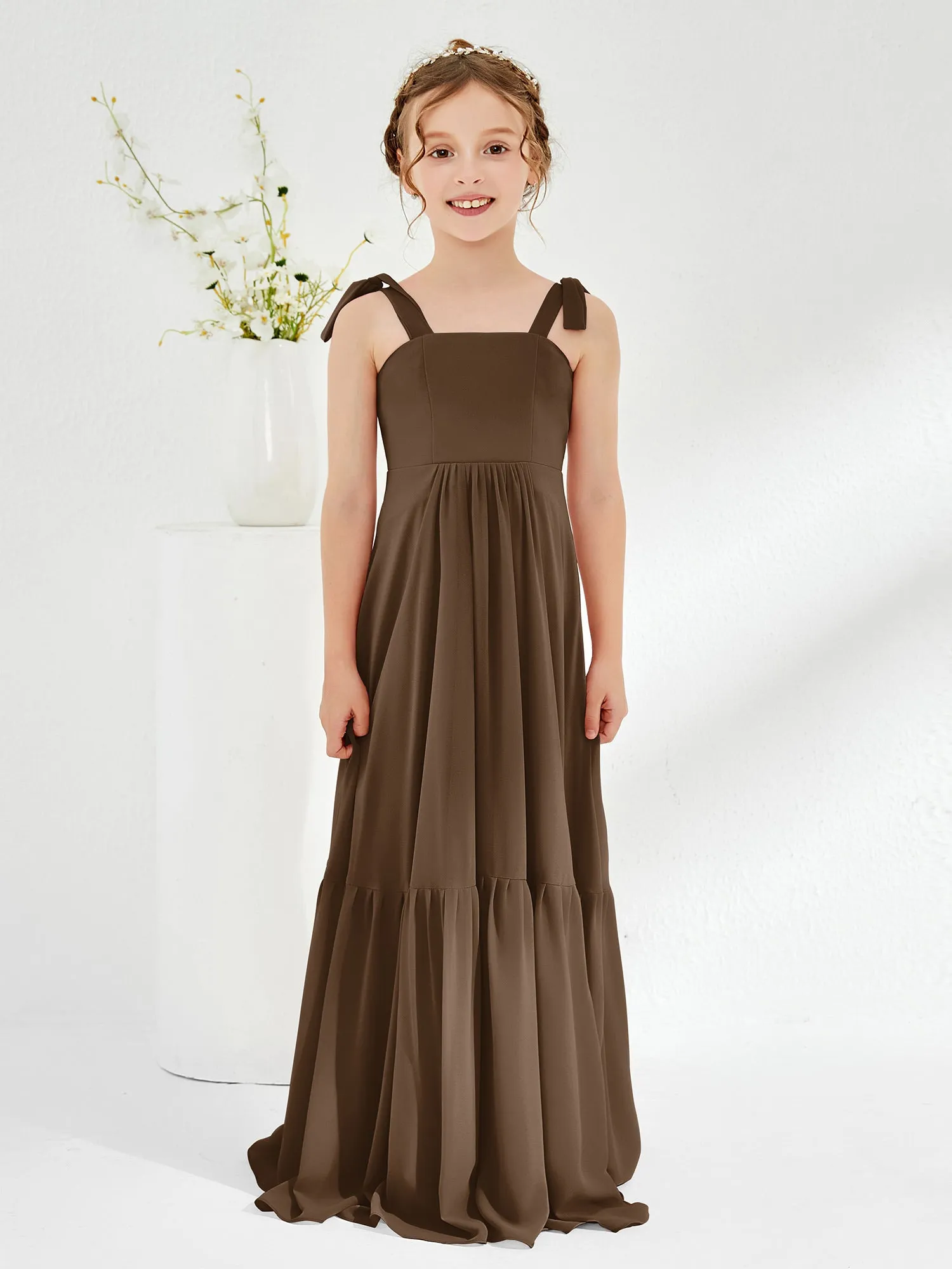 A-Line Bow Ruffle Junior Bridesmaid Dresses Brown