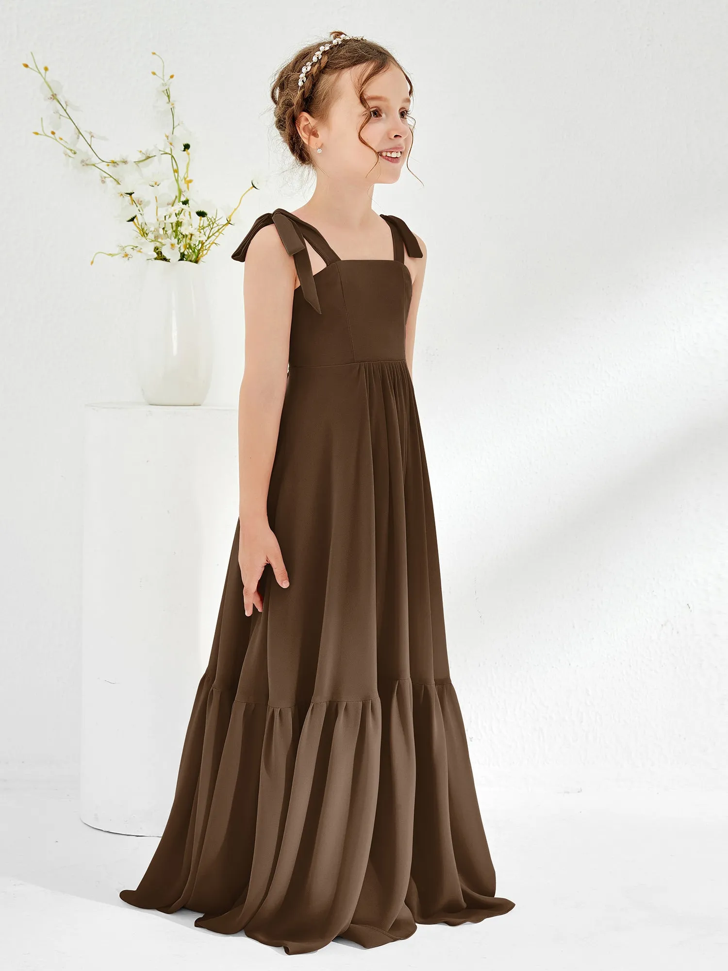 A-Line Bow Ruffle Junior Bridesmaid Dresses Brown