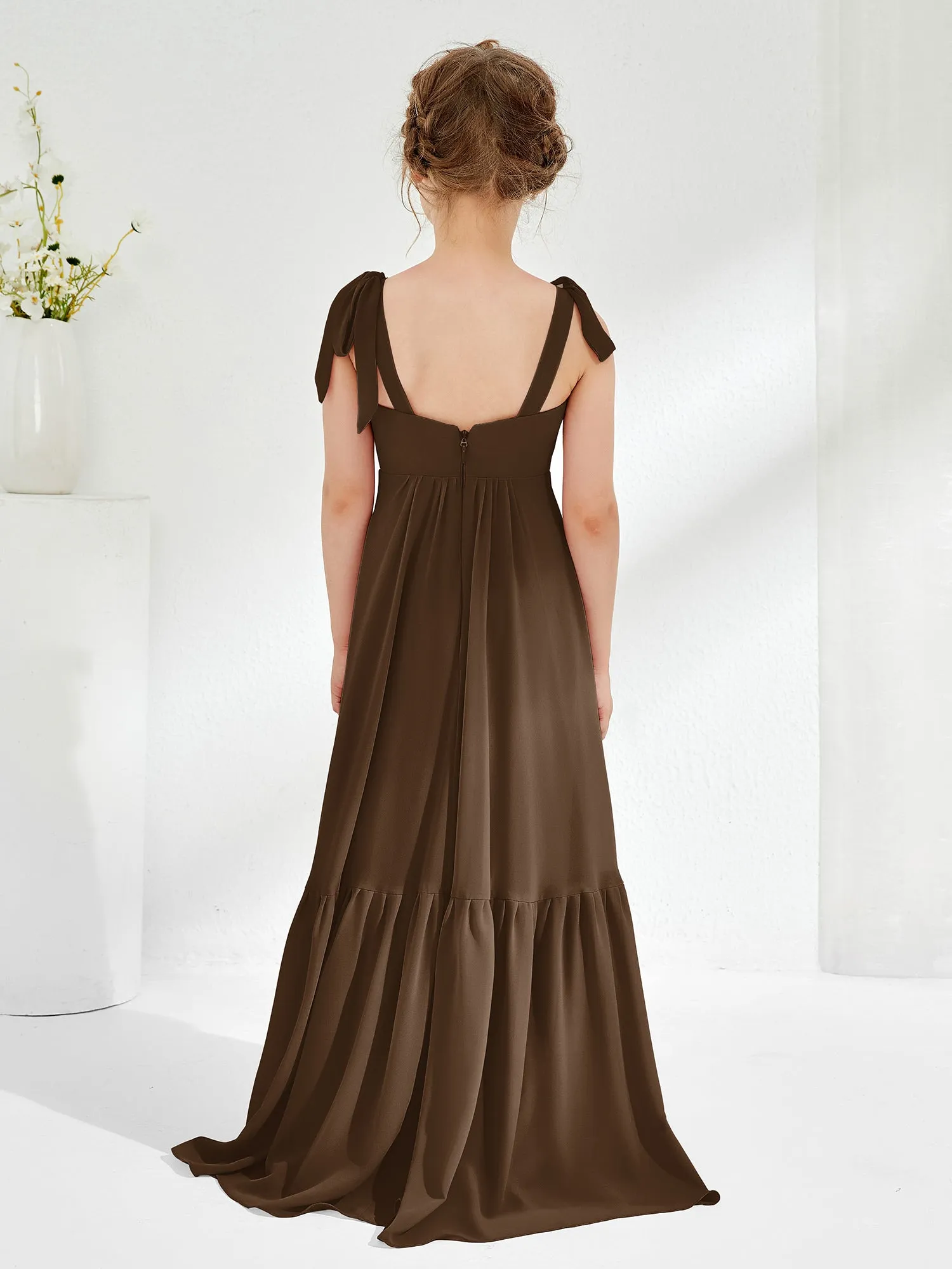 A-Line Bow Ruffle Junior Bridesmaid Dresses Brown