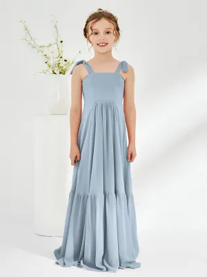 A-Line Bow Ruffle Junior Bridesmaid Dresses Dusty Blue