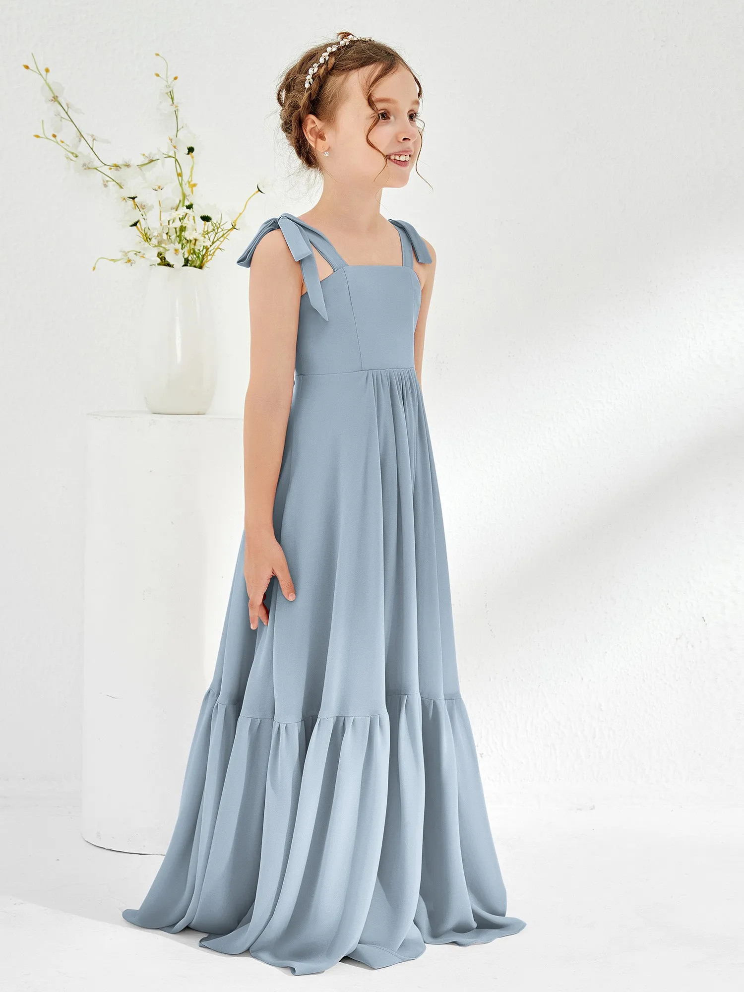 A-Line Bow Ruffle Junior Bridesmaid Dresses Dusty Blue
