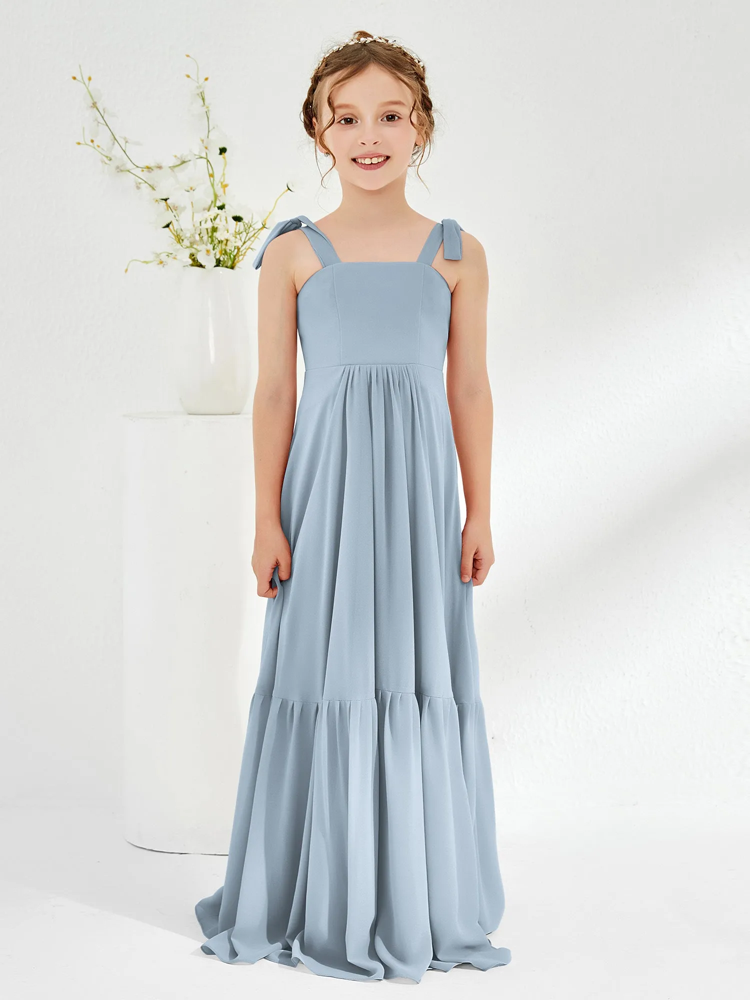 A-Line Bow Ruffle Junior Bridesmaid Dresses Dusty Blue