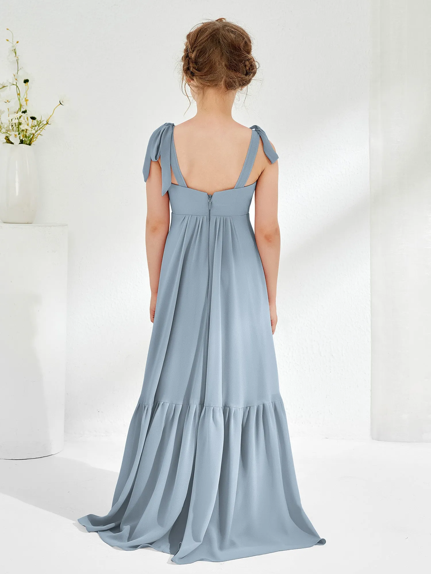 A-Line Bow Ruffle Junior Bridesmaid Dresses Dusty Blue