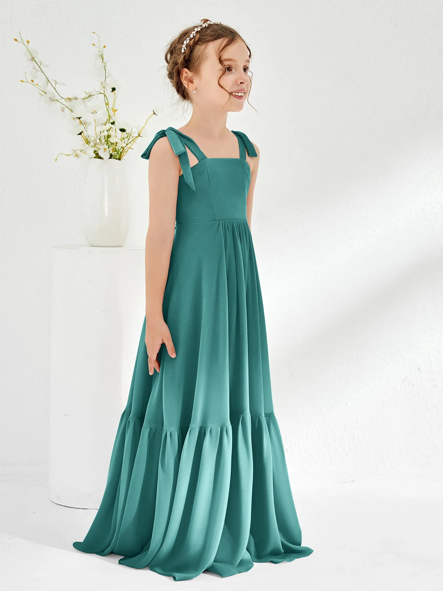 A-Line Bow Ruffle Junior Bridesmaid Dresses Jade