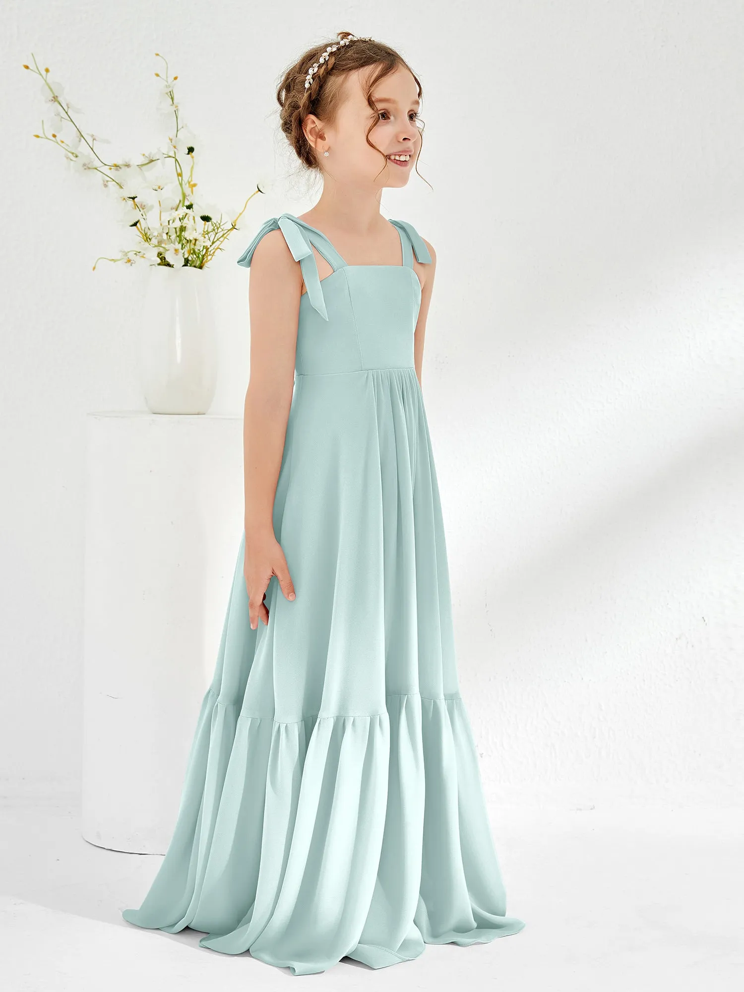 A-Line Bow Ruffle Junior Bridesmaid Dresses Mist