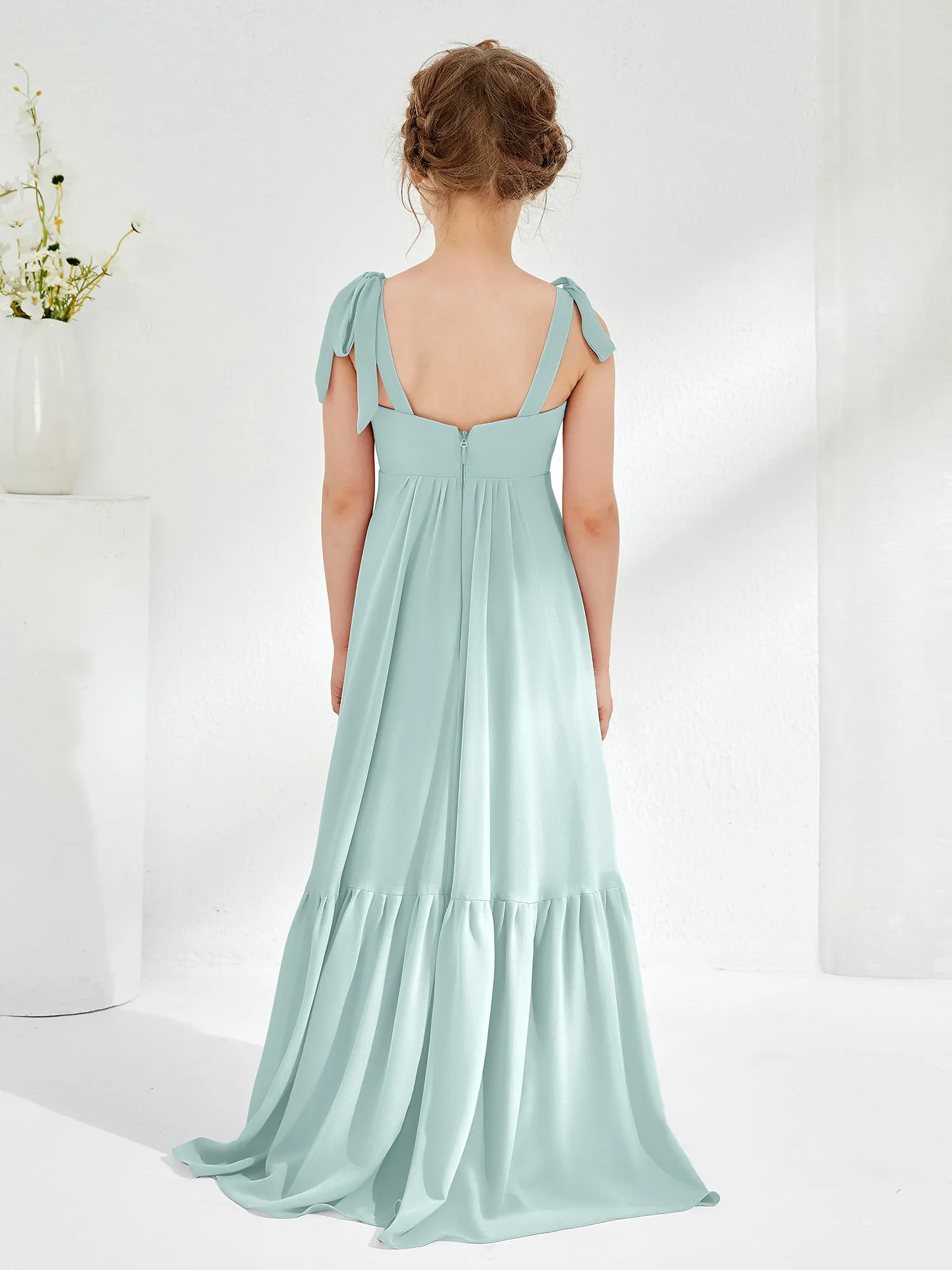 A-Line Bow Ruffle Junior Bridesmaid Dresses Mist