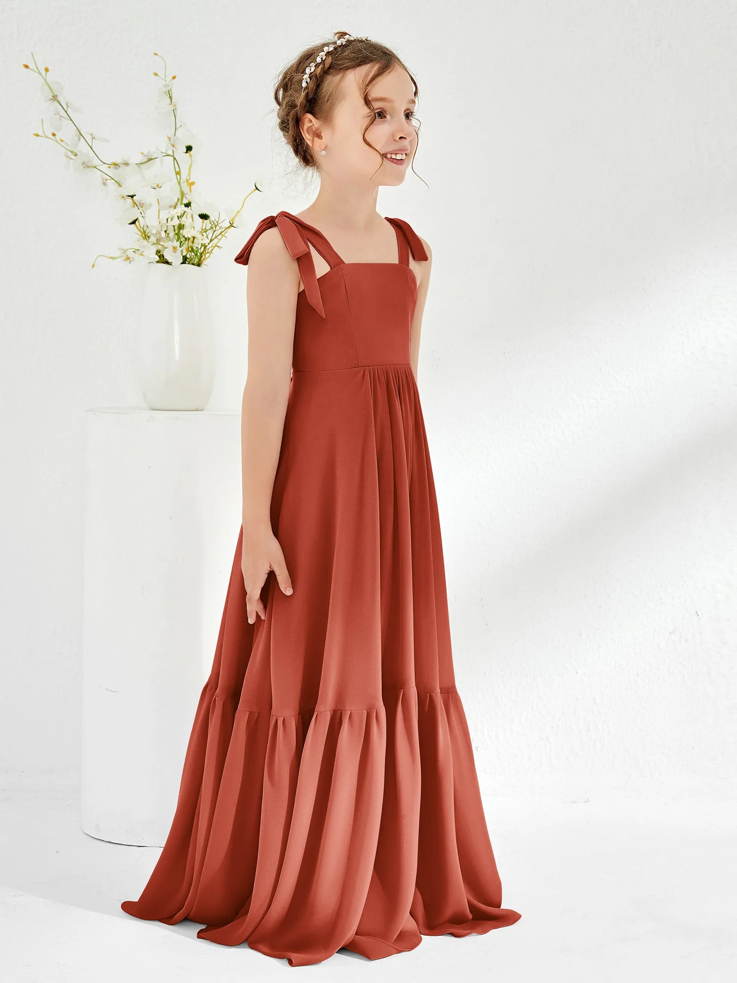 A-Line Bow Ruffle Junior Bridesmaid Dresses Rust