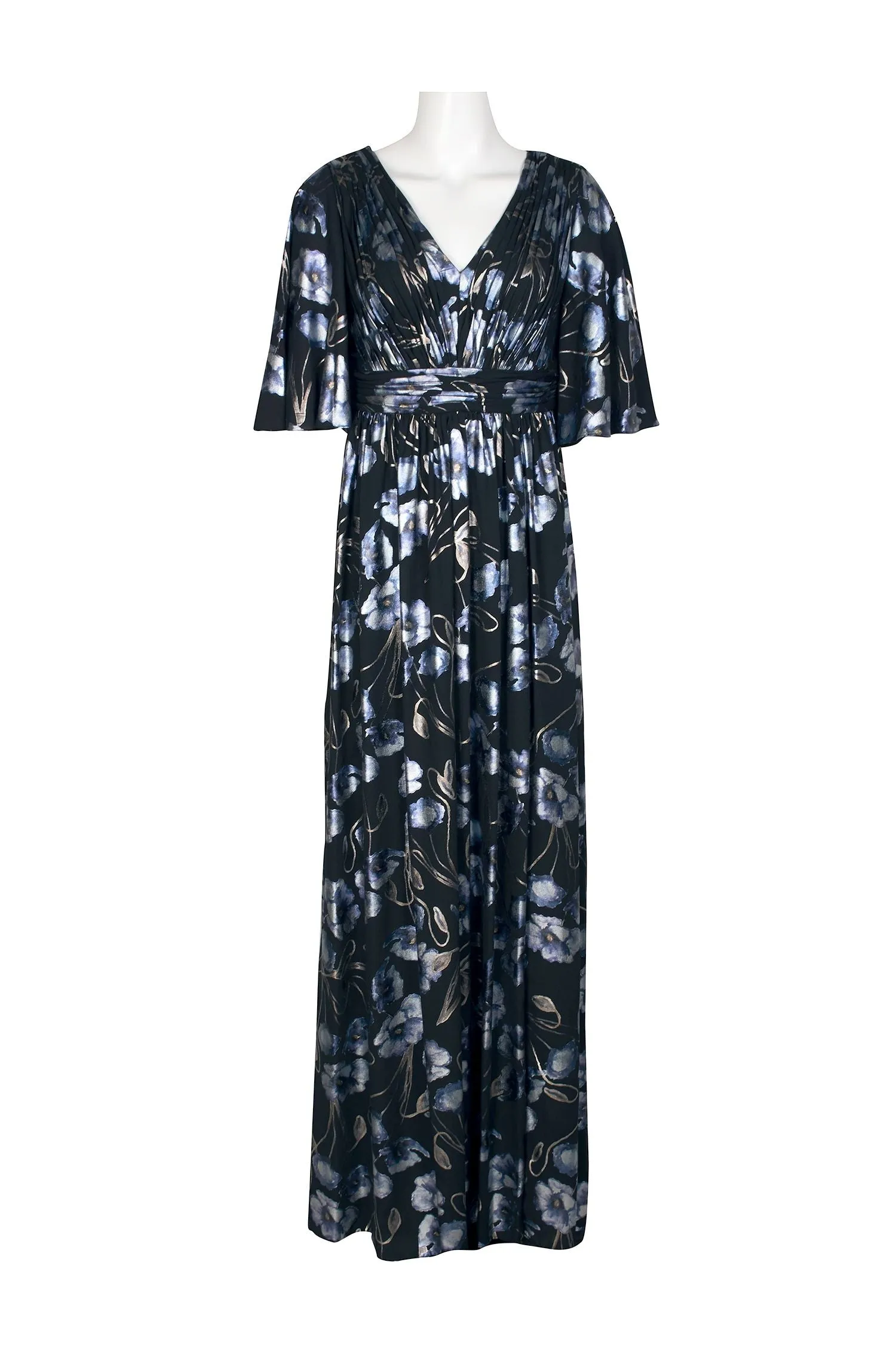 Adrianna Papell V-Neck Bell Sleeve Ruched Slit Front Zipper Back Metallic Floral Print CDC Gown