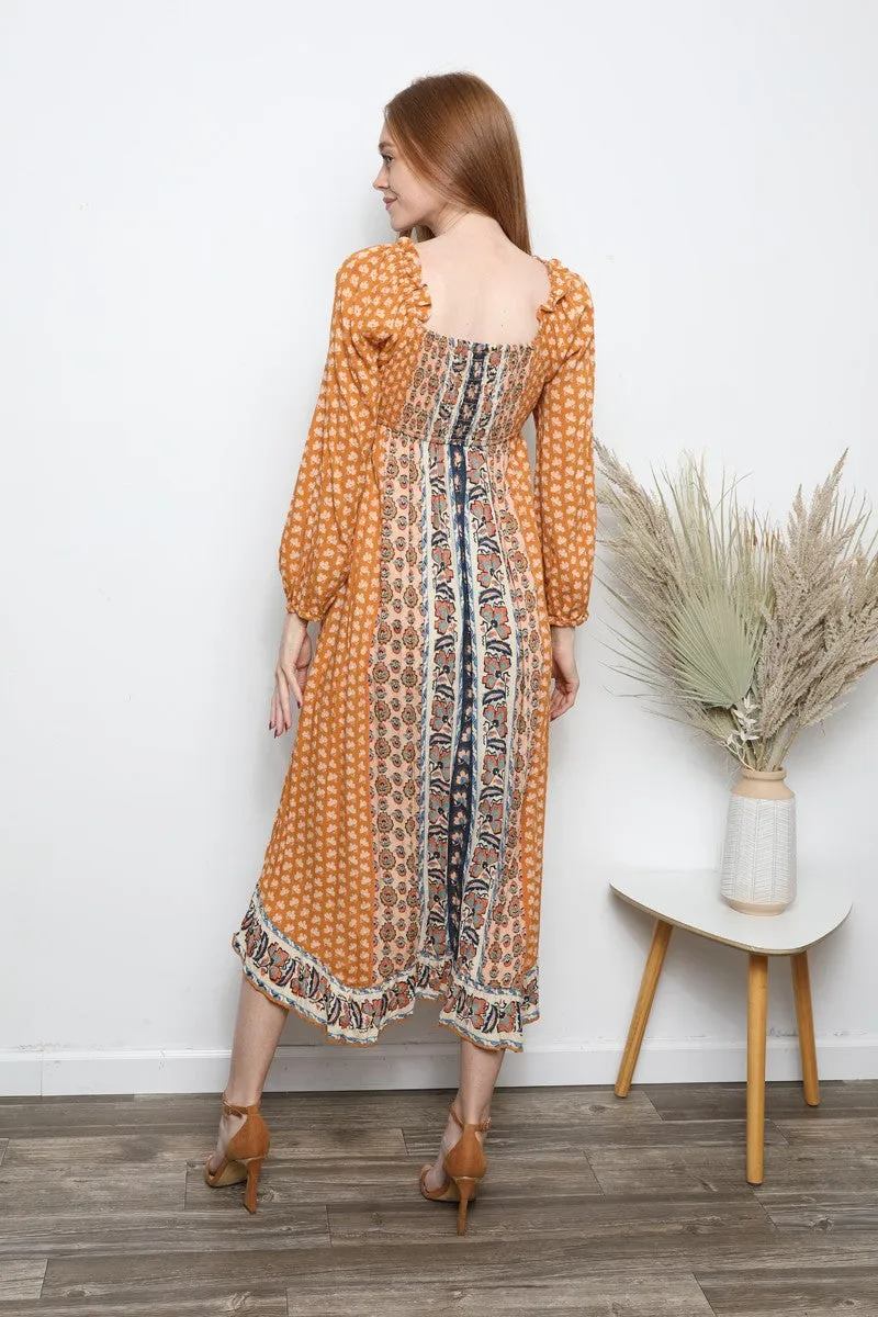 ANGIE - Mustard Print Handkerchief Midi Dress