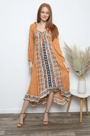 ANGIE - Mustard Print Handkerchief Midi Dress