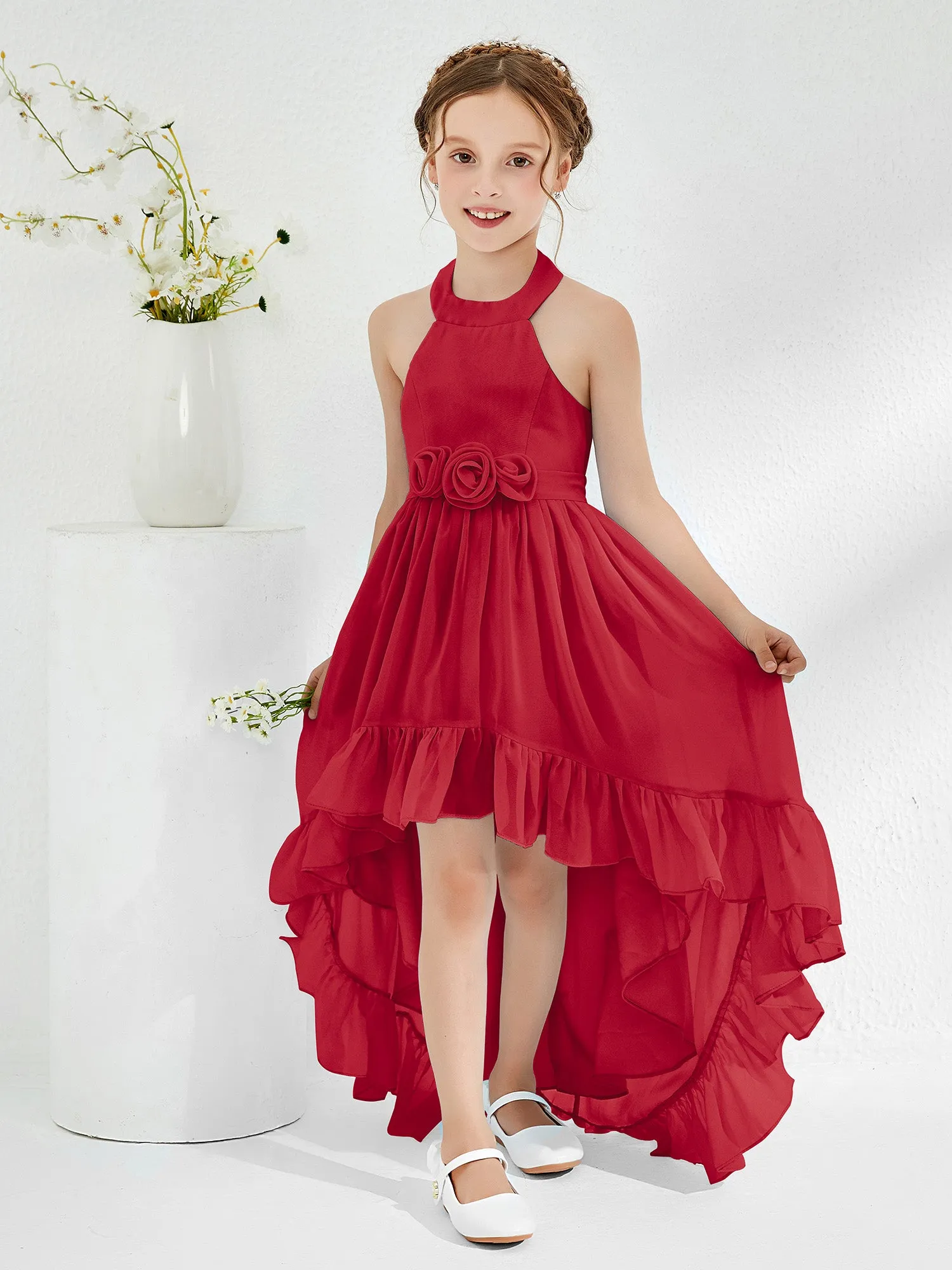 Asymmetrical A-line Junior Bridesmaid Dresses with Flower Burgundy