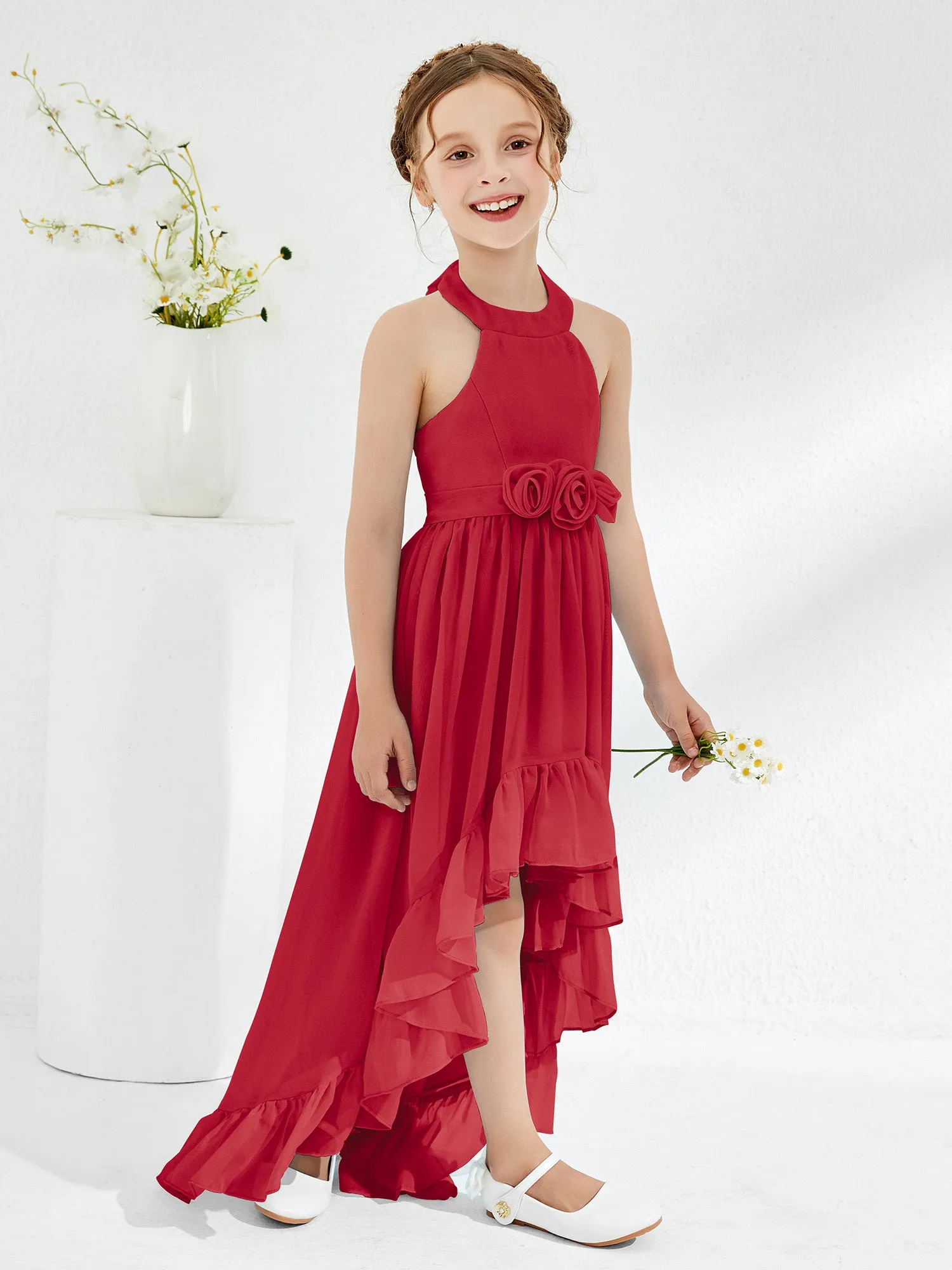 Asymmetrical A-line Junior Bridesmaid Dresses with Flower Burgundy