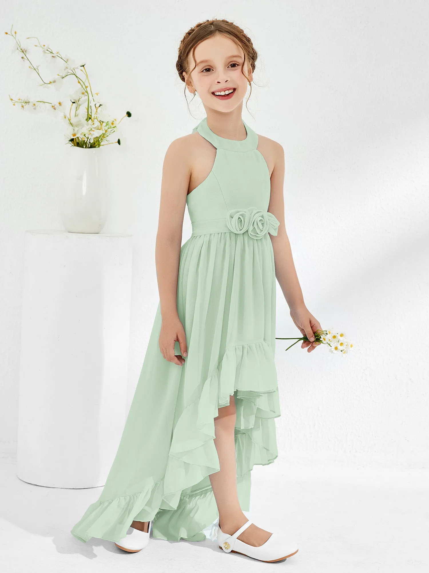 Asymmetrical A-line Junior Bridesmaid Dresses with Flower Dusty Sage