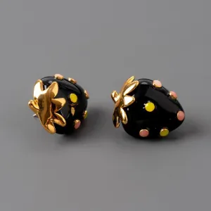 Black Strawberry Stud Earrings with Gold Leaf Accent -jlt11651