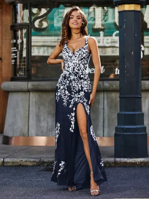 Bodycon High Slit Lace Up Back Tulle Gown Dark Navy