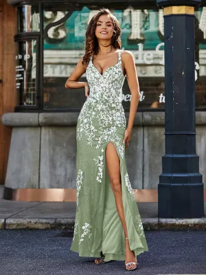 Bodycon High Slit Lace Up Back Tulle Gown Dusty Sage