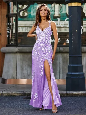 Bodycon High Slit Lace Up Back Tulle Gown Lilac