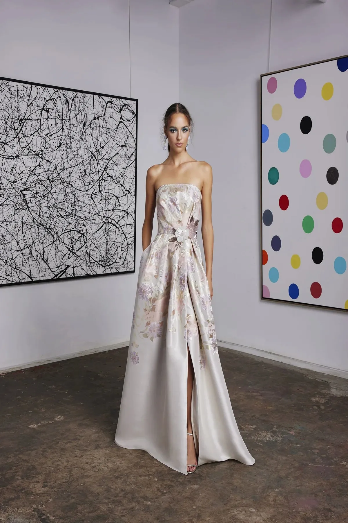 Frascara 4640: A-Line Strapless Gown with Sequin Flower Appliques