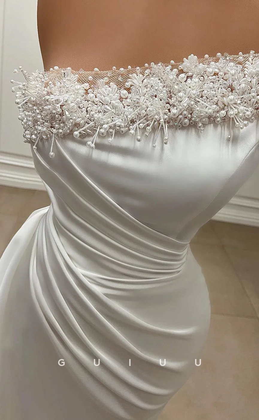G3459 - Sexy & Hot Sheath Asymmetrical Draped Beaded Pearls Floor-Length Party Prom Dress With Overlay
