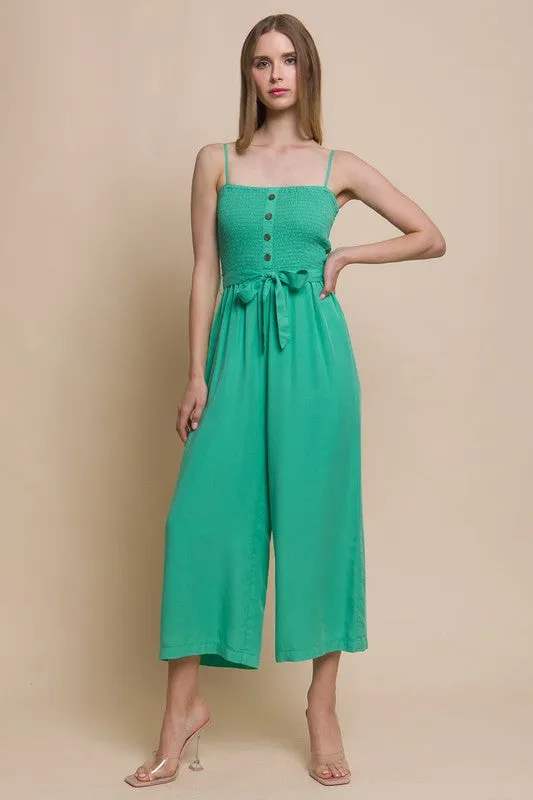 Green Woven Solid Cami Smocked Jumpsuit