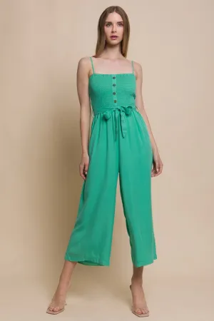 Green Woven Solid Cami Smocked Jumpsuit