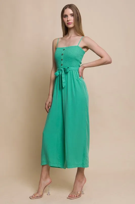 Green Woven Solid Cami Smocked Jumpsuit