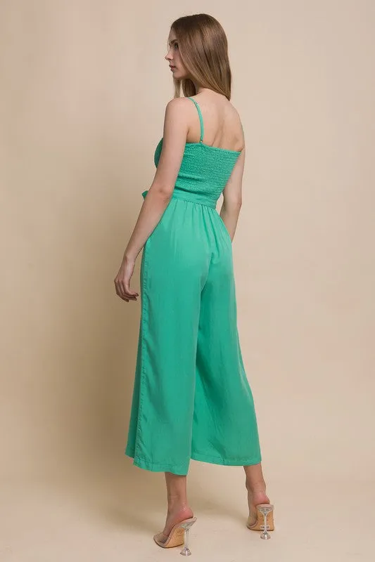 Green Woven Solid Cami Smocked Jumpsuit