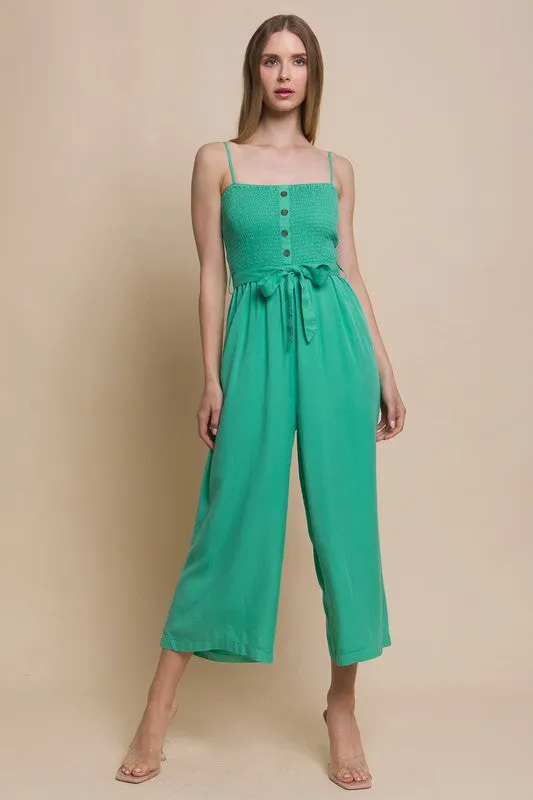 Green Woven Solid Cami Smocked Jumpsuit