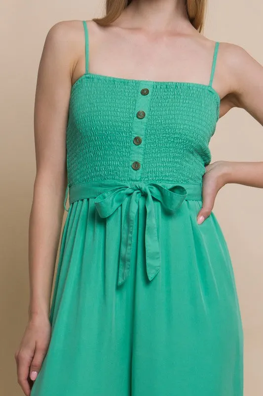 Green Woven Solid Cami Smocked Jumpsuit