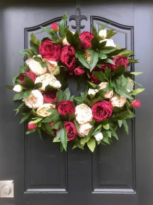 Holiday Red and Cream Peony Wreath