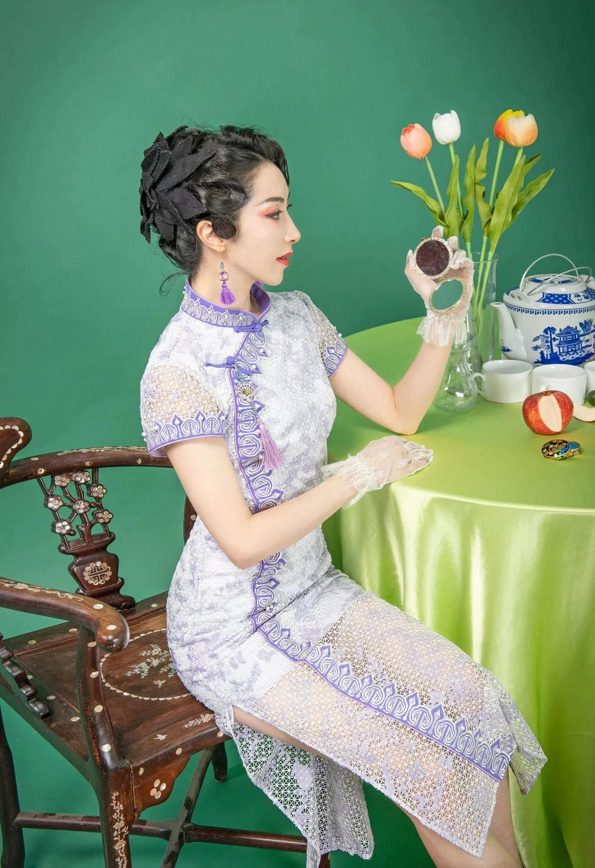 Magic Q's exclusive original design heavy embroidered lace long dress