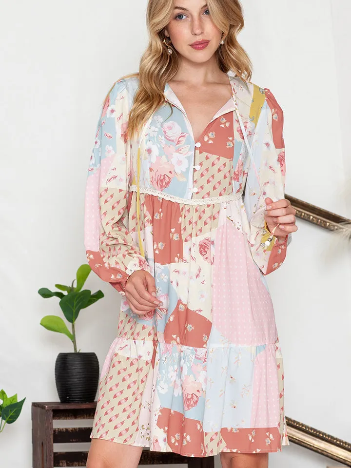 Nsquared Printed Tie Neck Long Sleeve Dress