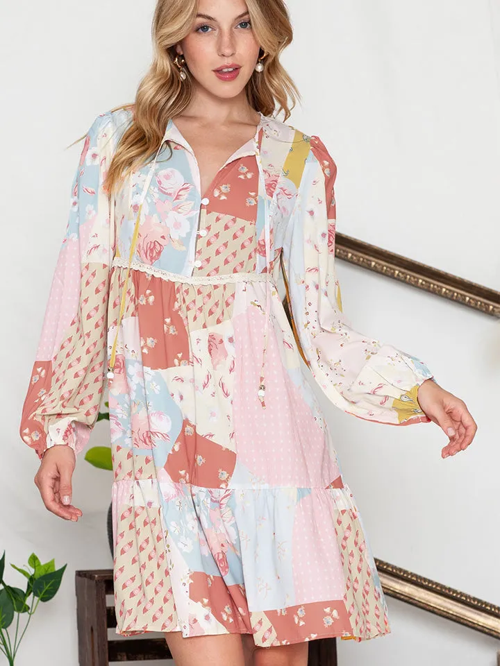 Nsquared Printed Tie Neck Long Sleeve Dress