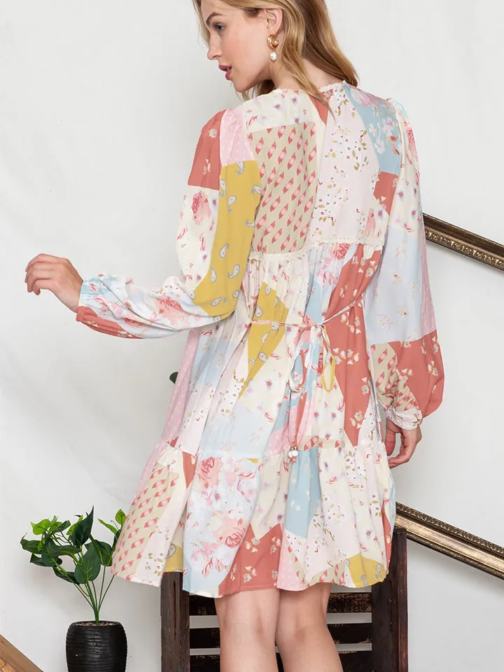 Nsquared Printed Tie Neck Long Sleeve Dress
