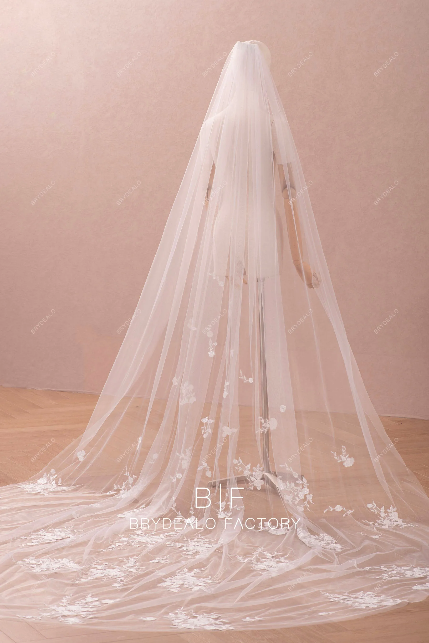 Romantic Flower Lace Appliques Scattered Cathedral Length Bridal Veil