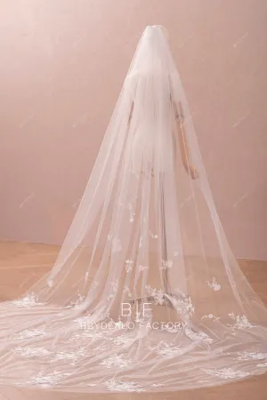 Romantic Flower Lace Appliques Scattered Cathedral Length Bridal Veil