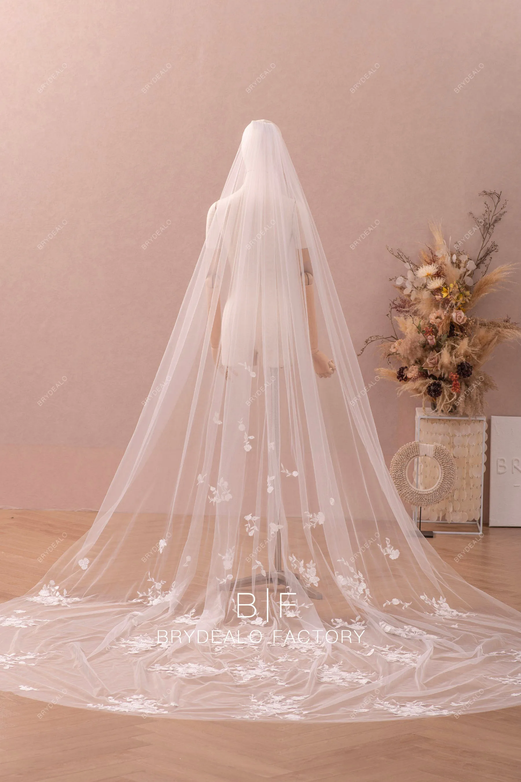 Romantic Flower Lace Appliques Scattered Cathedral Length Bridal Veil