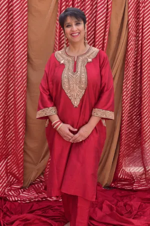 Silk Red Phiran with Gold Tilla Embroidery
